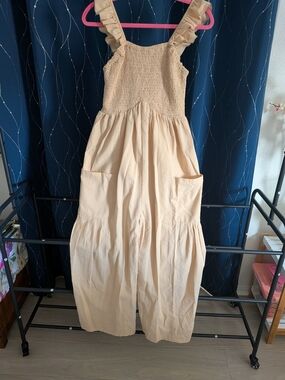 Smocked Ruffle-Strap Wide Leg Jumpsuit in Beige